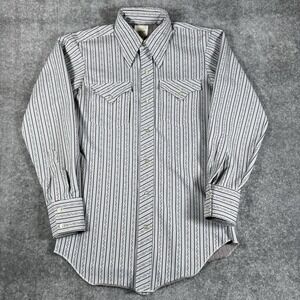 Vintage H Bar C Shirt Mens Medium Beige Striped Long Sleeve Pearl Snap Ranchwear
